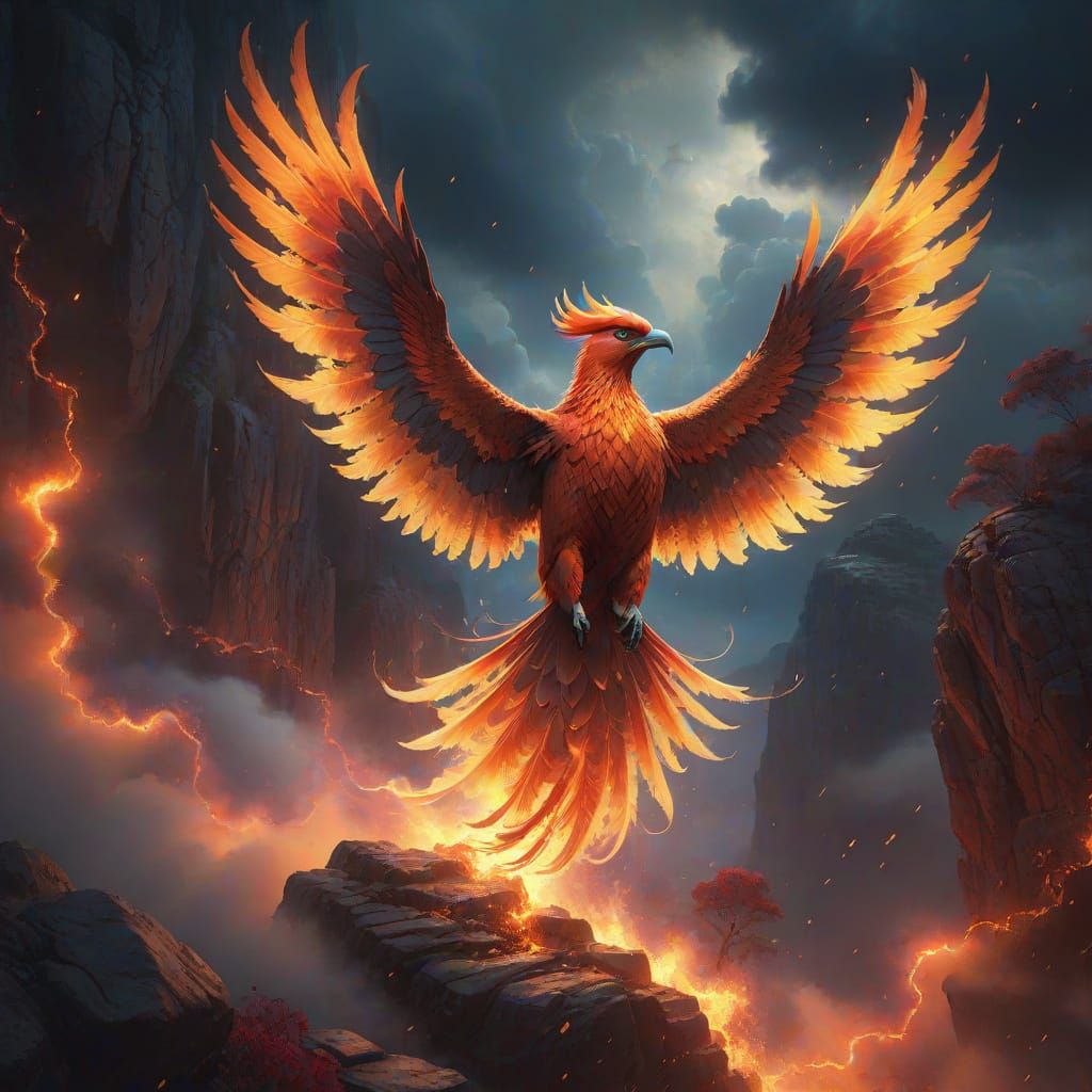Mystical Phoenix Rises Amidst Fiery Skies