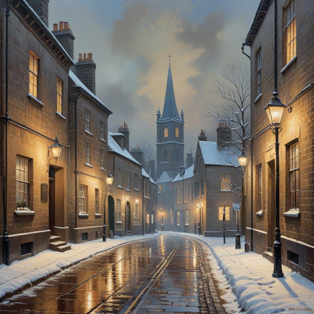 English Town Winter Scene Oil Painting in Impressionist Styl...