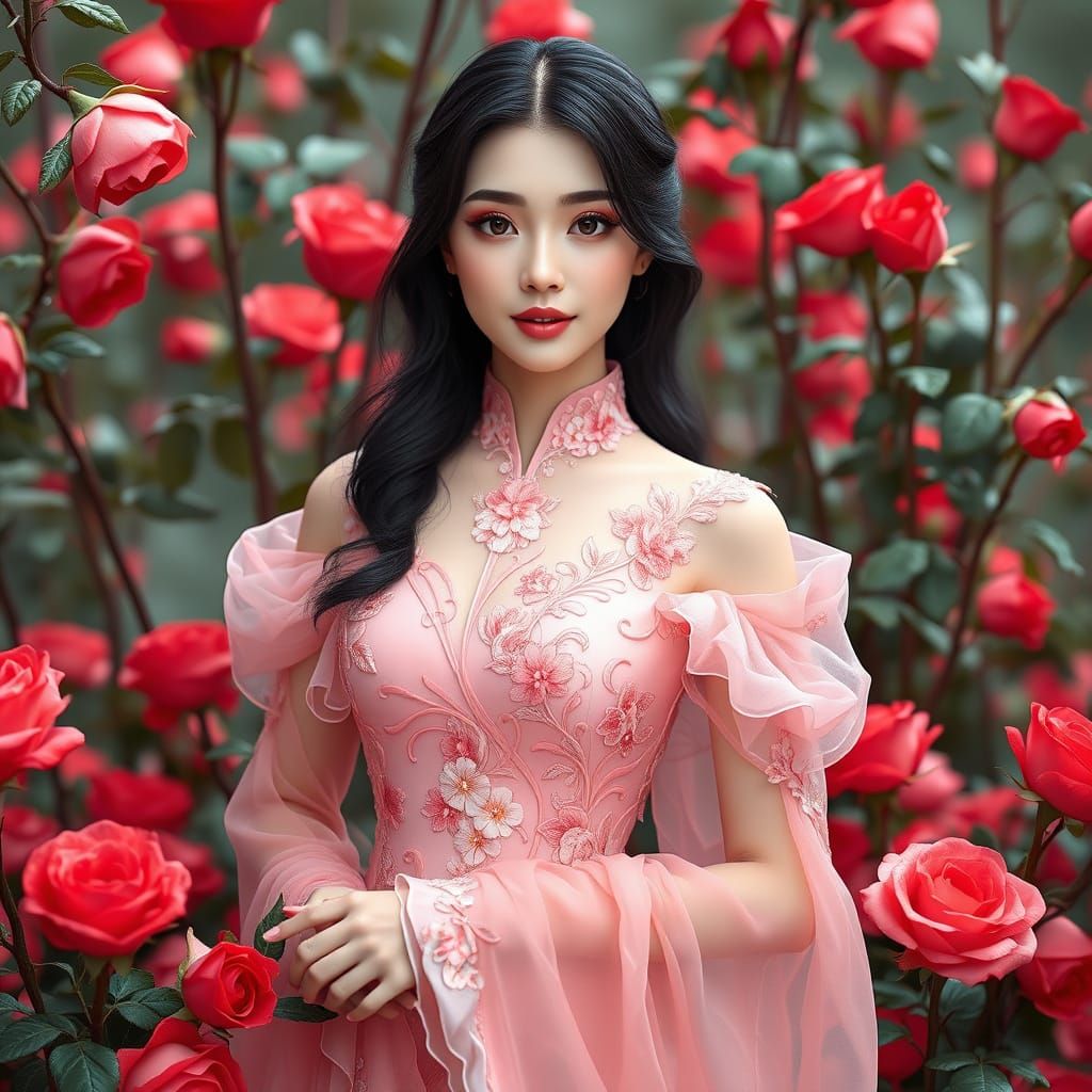 Elegant Asian Woman in Pastel Pink Floral Dress Amidst Red R...