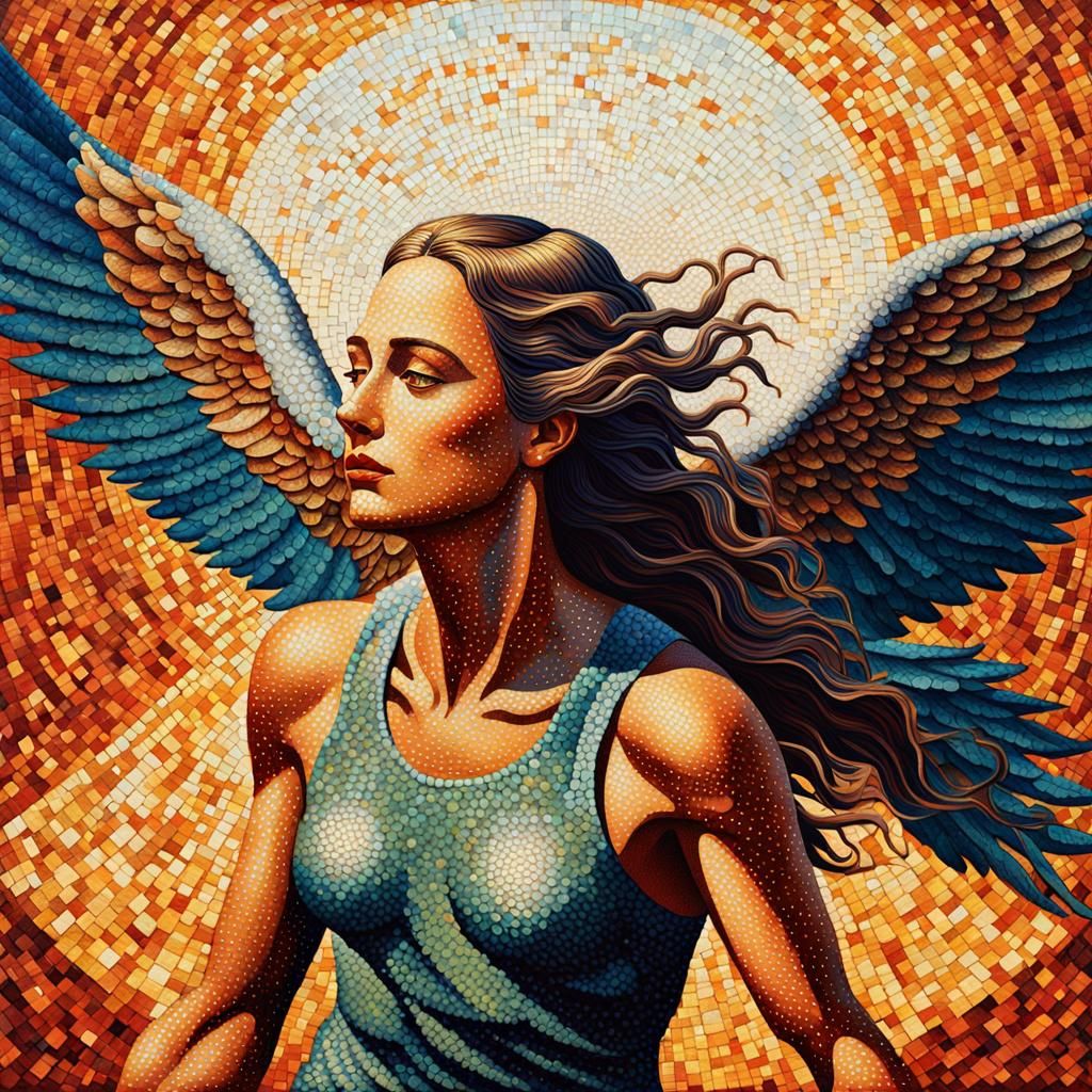 Icarus and Woman in Pointillist Art Deco Style