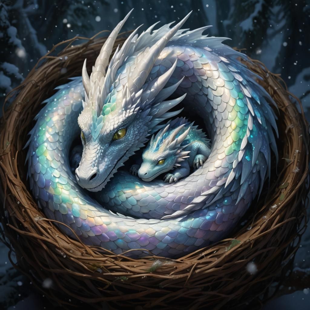 Serene Snow Dragon and Baby in Nest