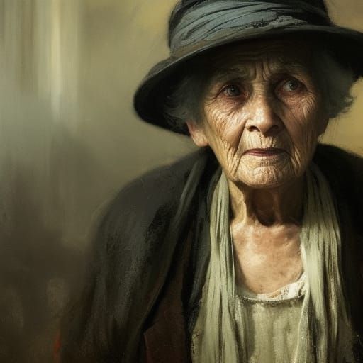 Detailed Portrait of an Old Woman in Impasto Style