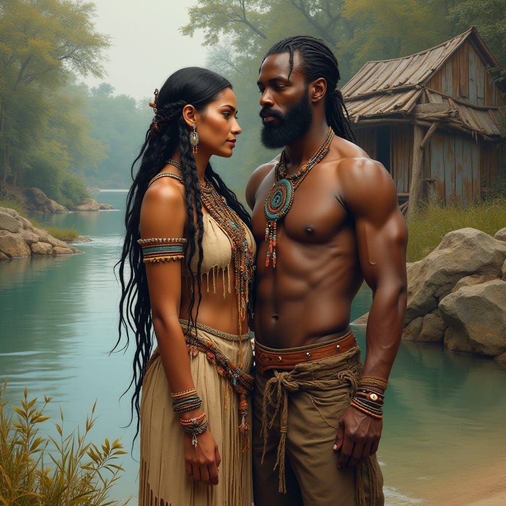 Earthy River Scene with Figures in Romantic Style