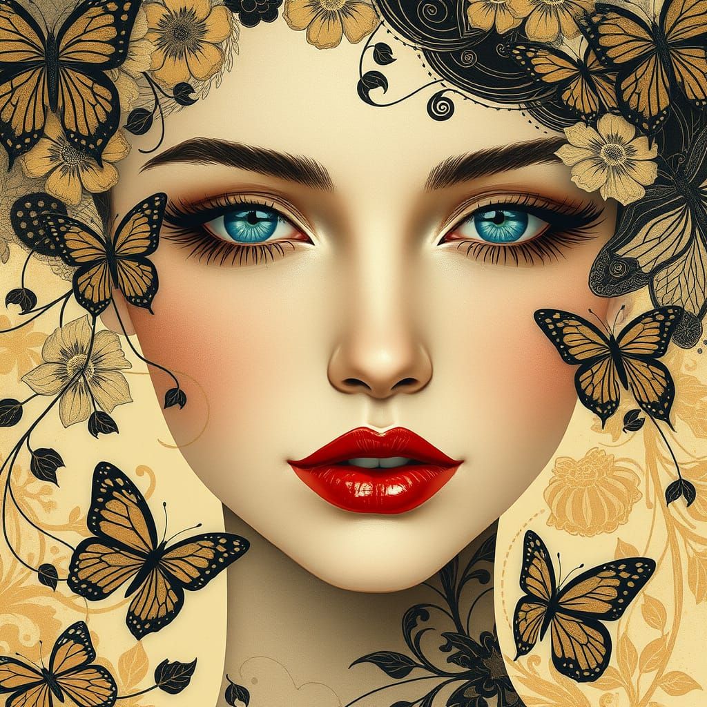 Woman with Blue Eyes and Floral Sepia Art