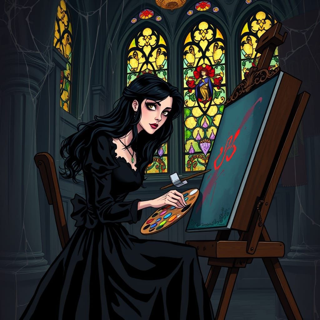 Gothic Woman Paints in Haunted Church