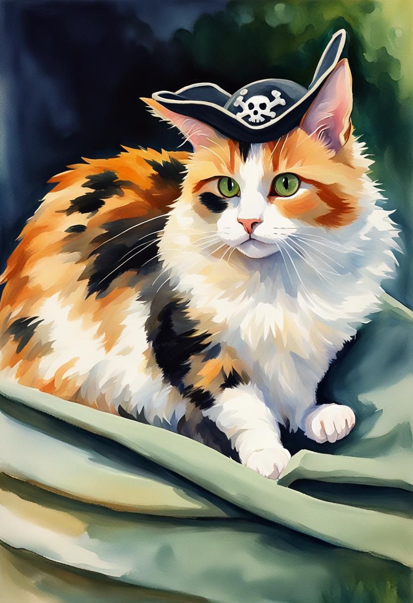 Calico Cat with Pirate Hat in Gouache Style