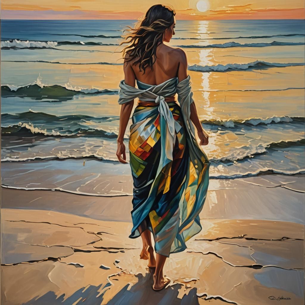 Barefoot Lady on Beach as Impasto Oil Painting