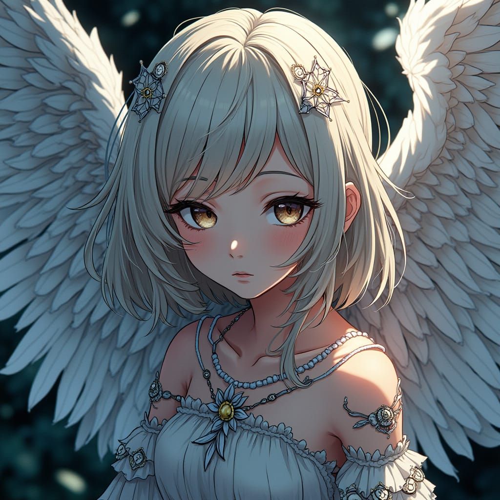 Angel with Fractured Wings in 80s Anime Style
