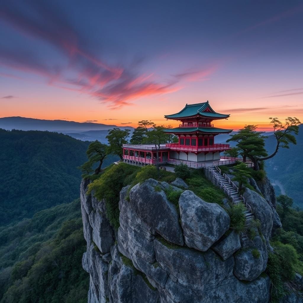 Japanese Temple on Mountain Cliff: Scenic View