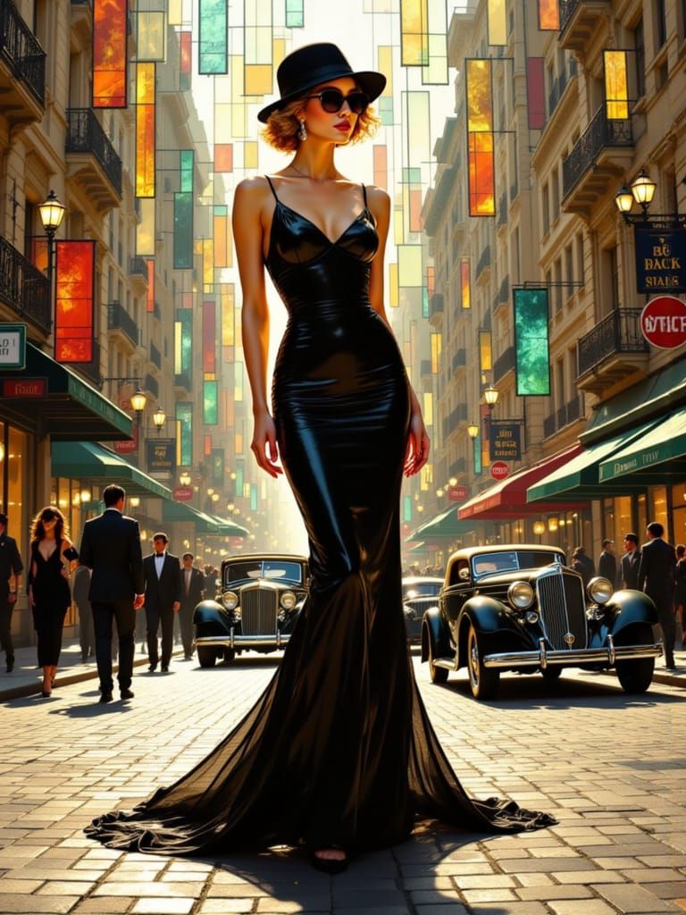 Glamorous 1920s Woman in Stained Glass Art Deco Scene