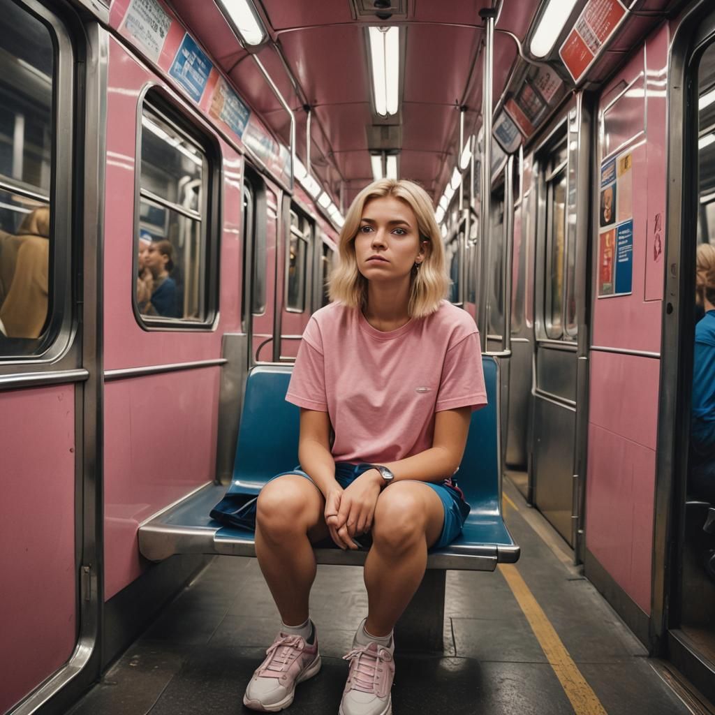 Girl Waiting in Subway Car: Ultra-Realistic Photo