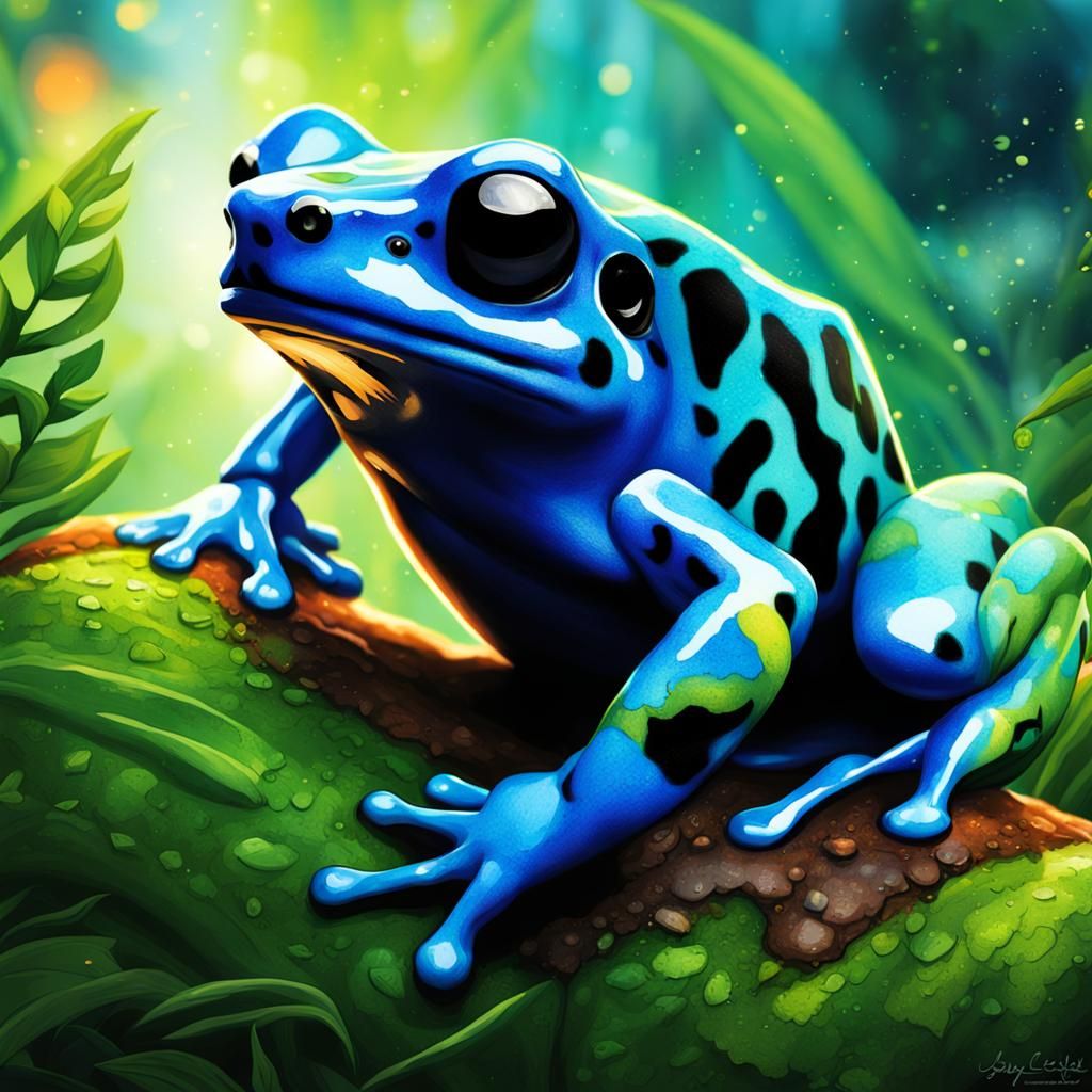 cute Blue poison dart frog in a lush green tropical forest
