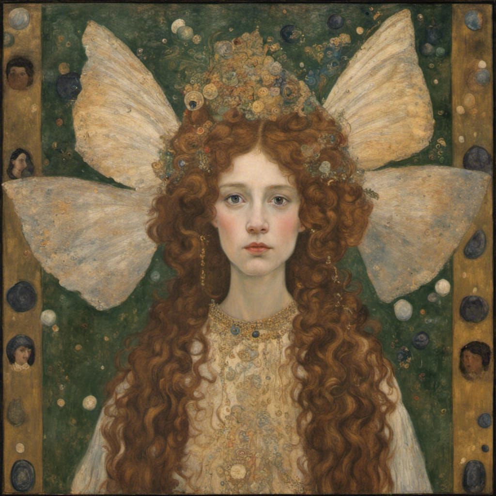 A fairy Queen portrait in the style of Gustav Klimt .