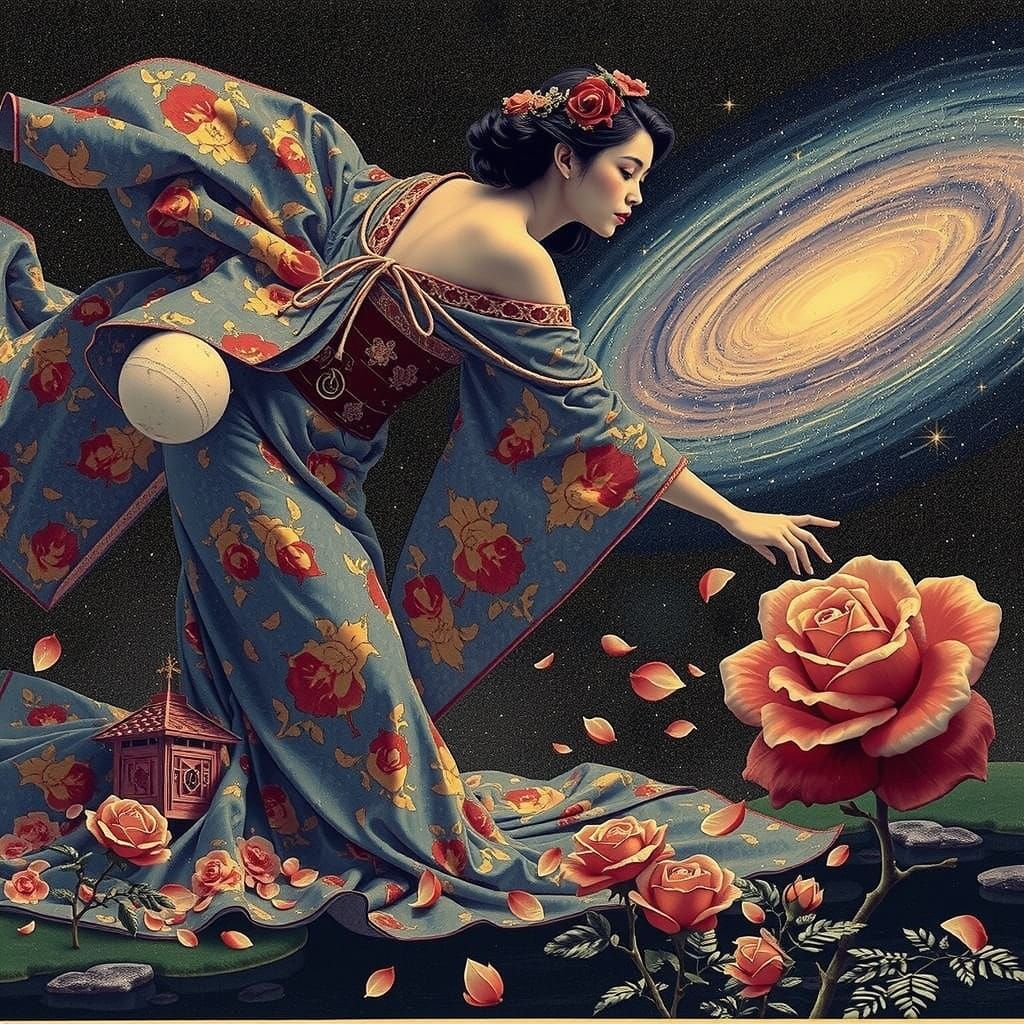 Delicate Princess Amidst Cosmic Vastness in Pre-Raphaelite-I...