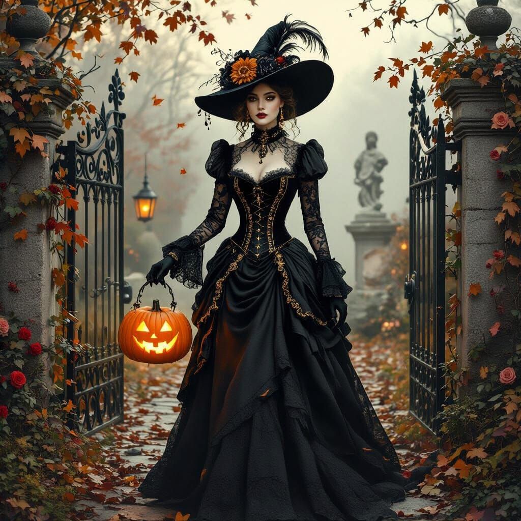 Victorian Witch with Pumpkin Lantern in Gothic Garden