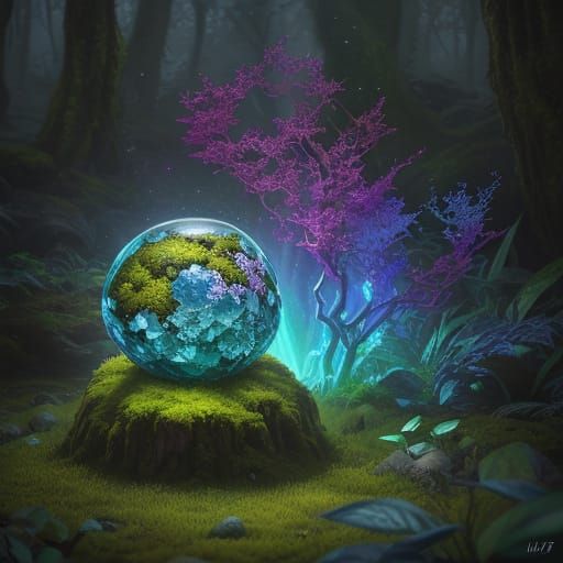 Vibrant Gemstone on Mossy Rock in Ethereal Forest