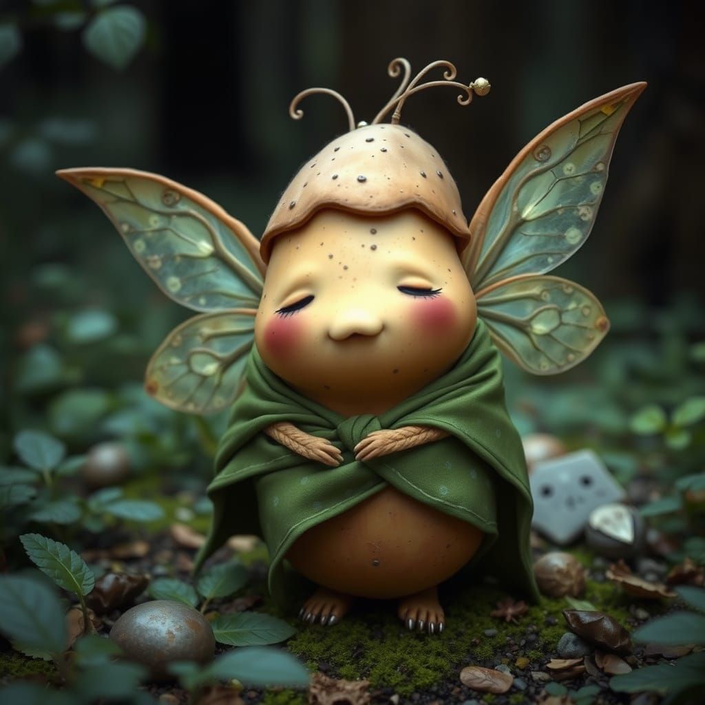 Whimsical Potato Fairy in Lush Forest Setting