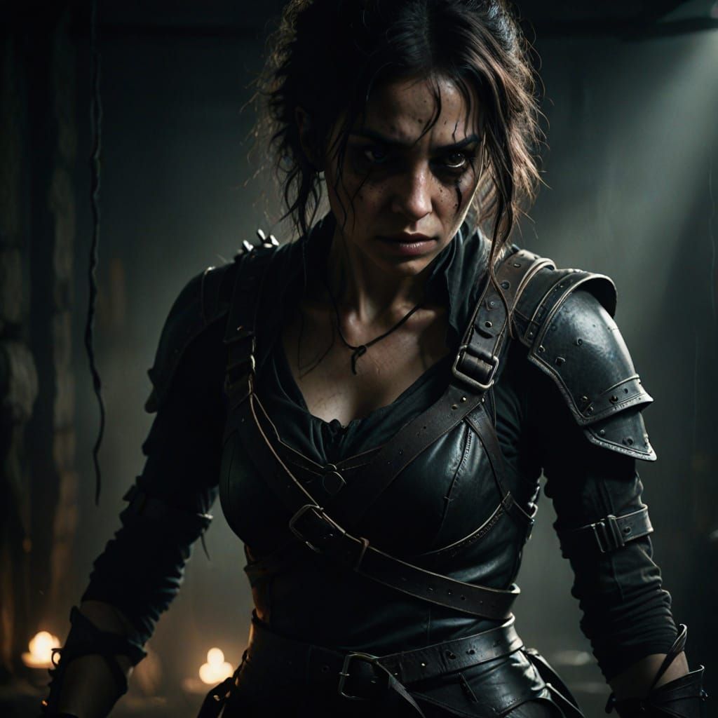 Dark Fantasy Creature Secures Person with Leather Straps