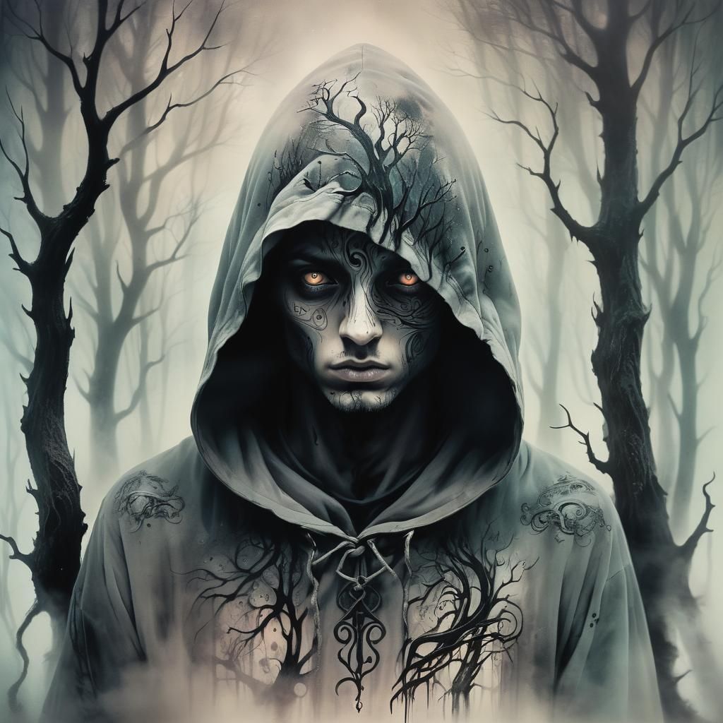 Surrealist Ink Art: Hooded Figure in Misty Forest