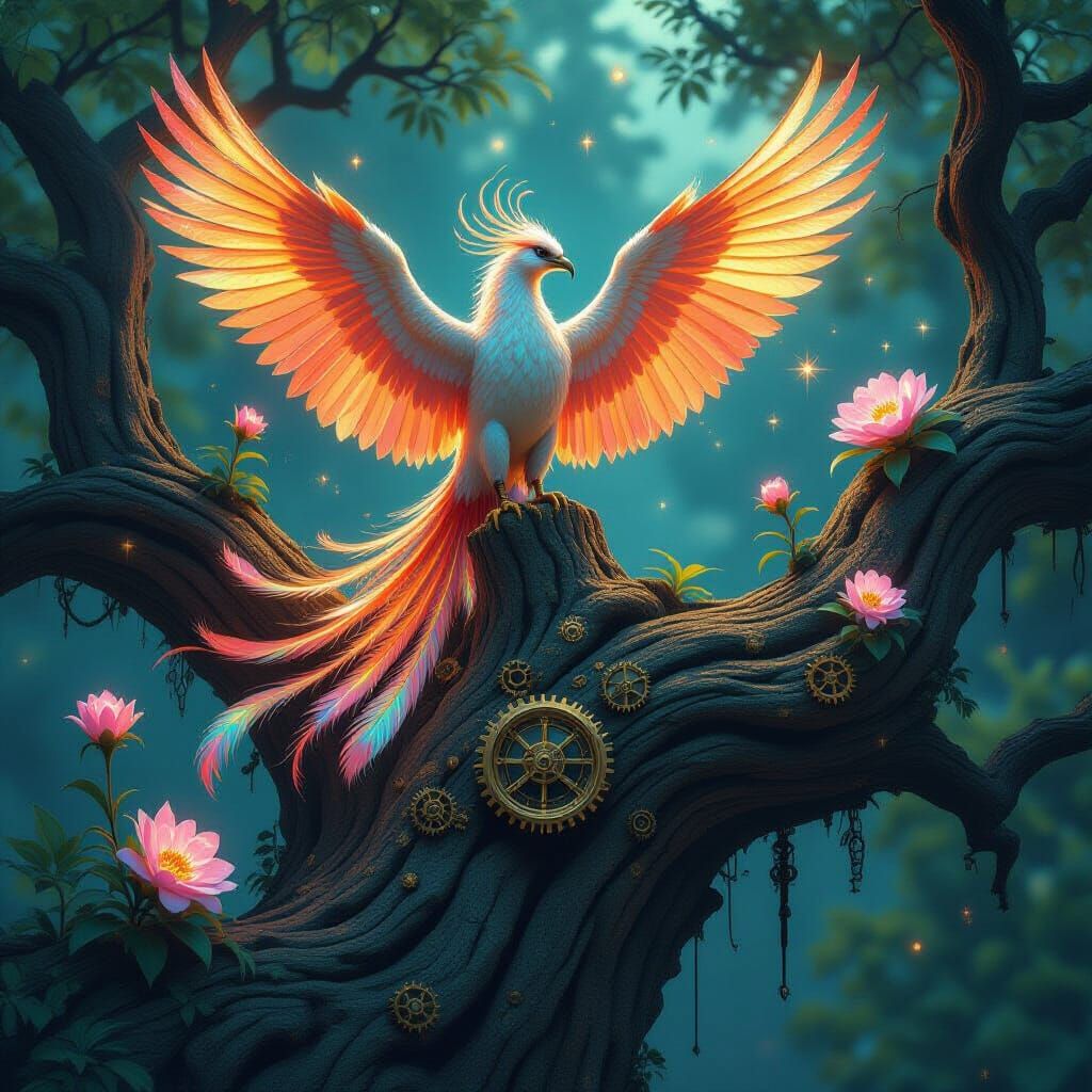 Phoenix with Cosmic Feathers on Steampunk Tree
