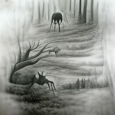 Pencil Sketch of a Creature Running in Dark Forest
