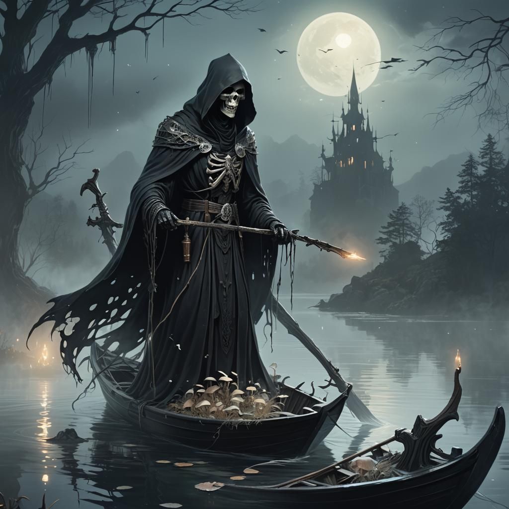 Grim Reaper on Misty Lake: Dark Fantasy Art