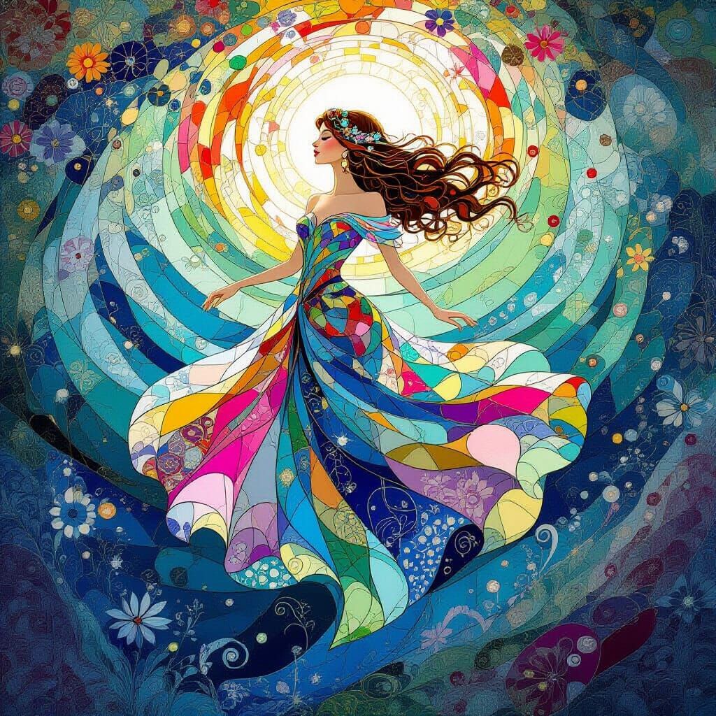 Stained Glass Woman Floats Above Painted Ocean