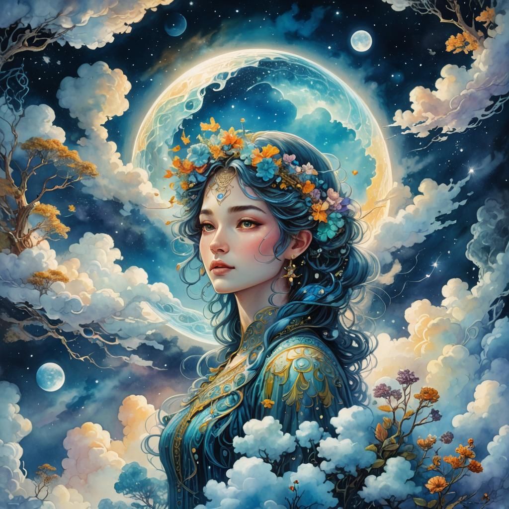 Bioluminescent Moon Ecosystem in Watercolor Style