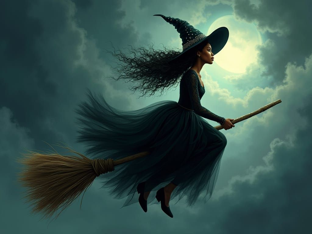 African American Elphaba Soars Through the Stormy Sky on a B...