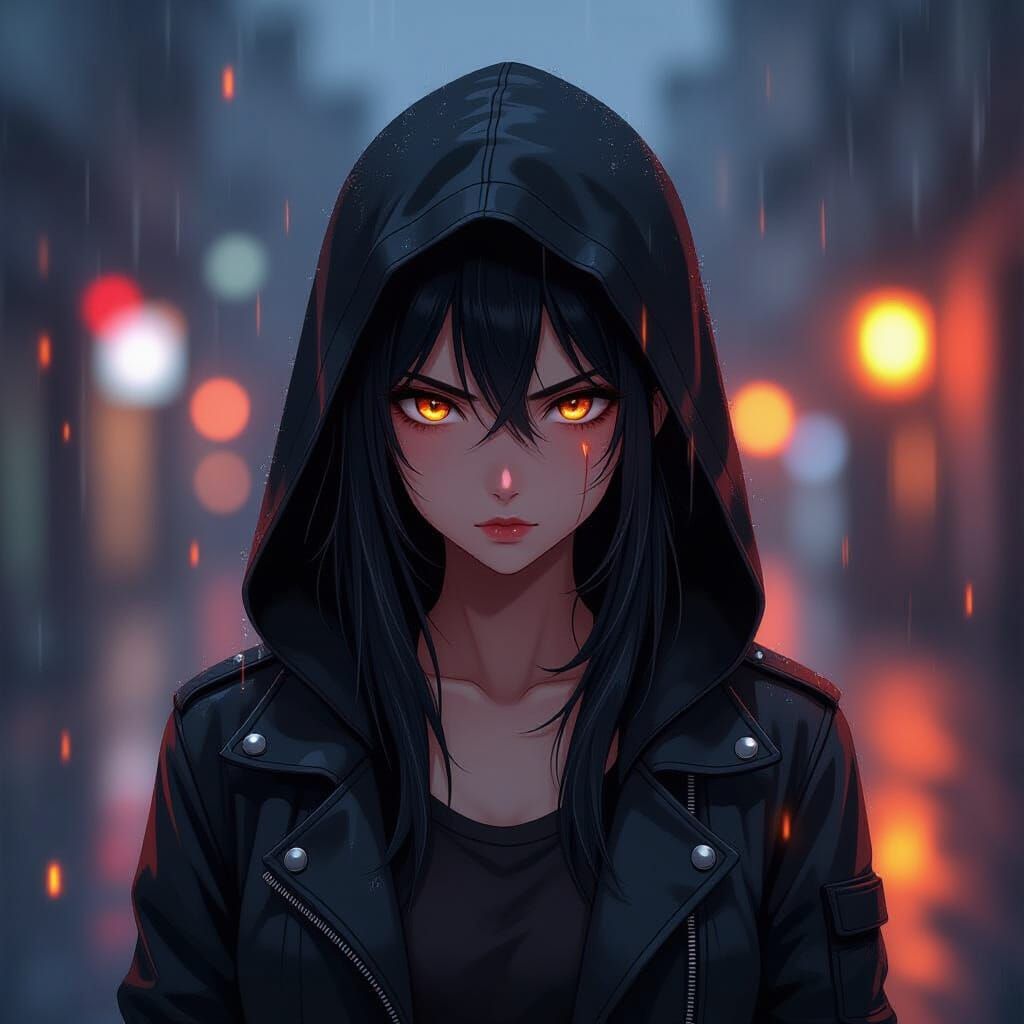Anime Girl in Rain with Fiery Eyes