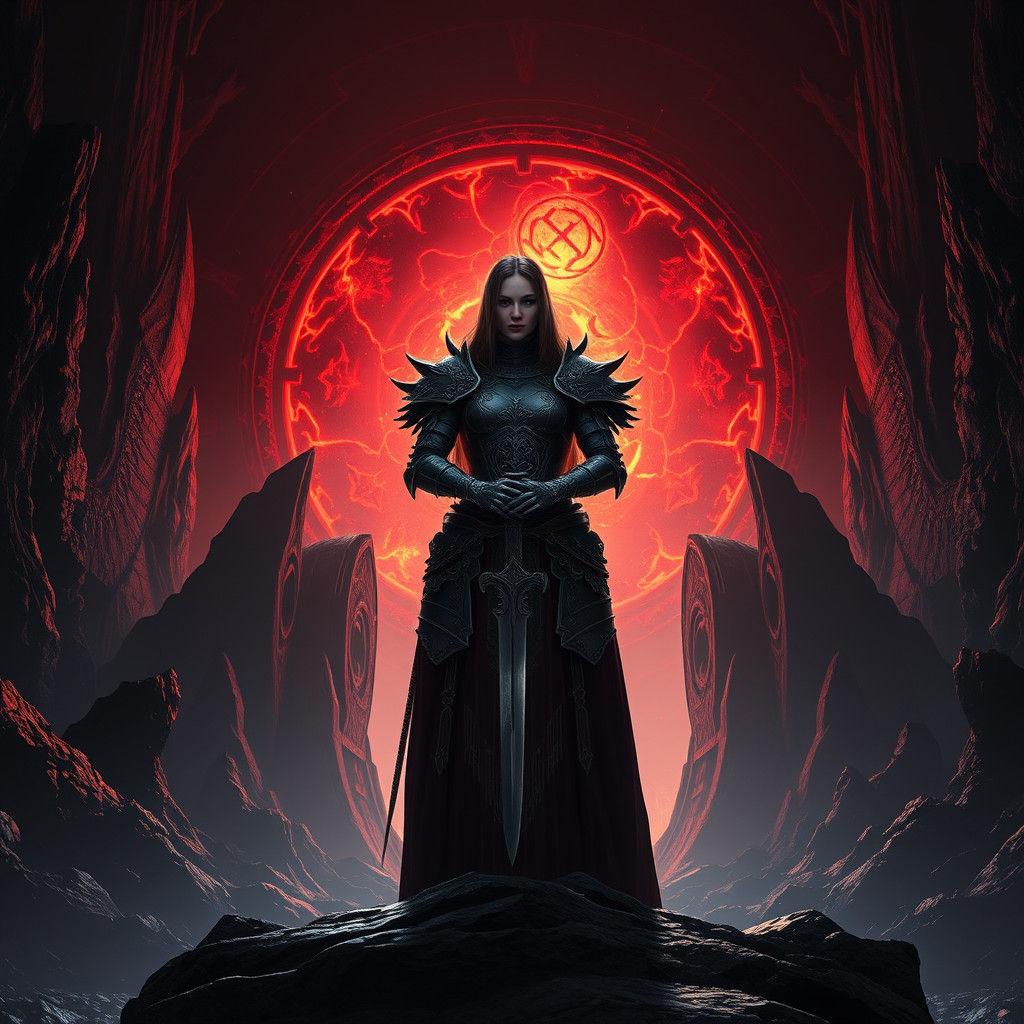 Warden Confronts Ominous Portal in Gothic Fantasy Art