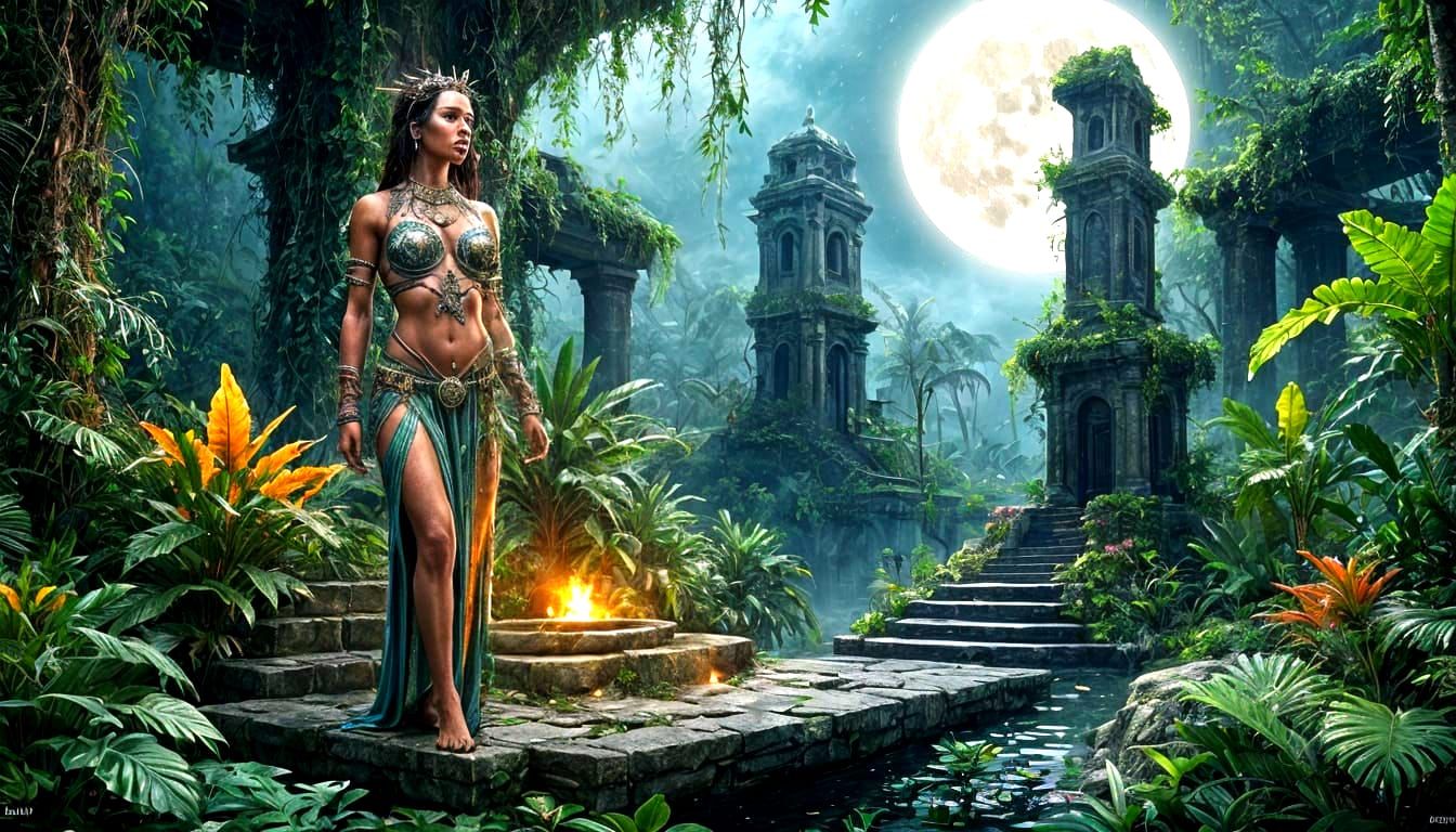 Mystical Jungle Queen in Moonlit Ruins