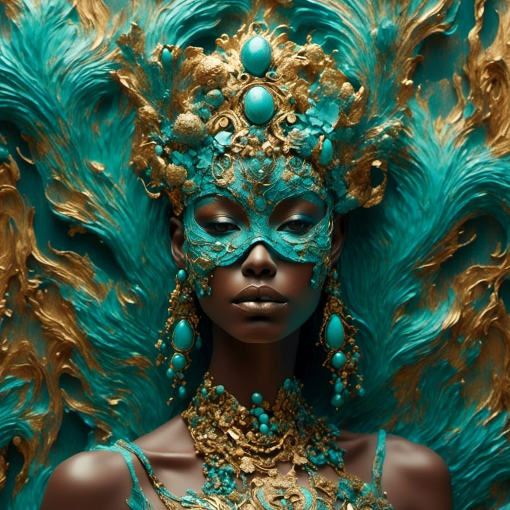 Woman in Turquoise and Gold Mask in Cloisonnism Style