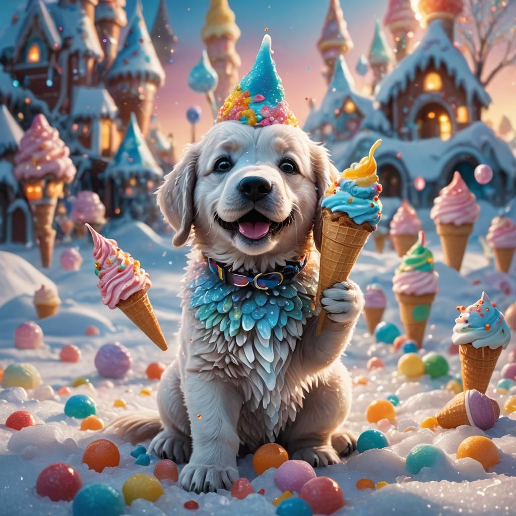 Ice Puppy's Candy Land Feast: Detailed Matte Painting