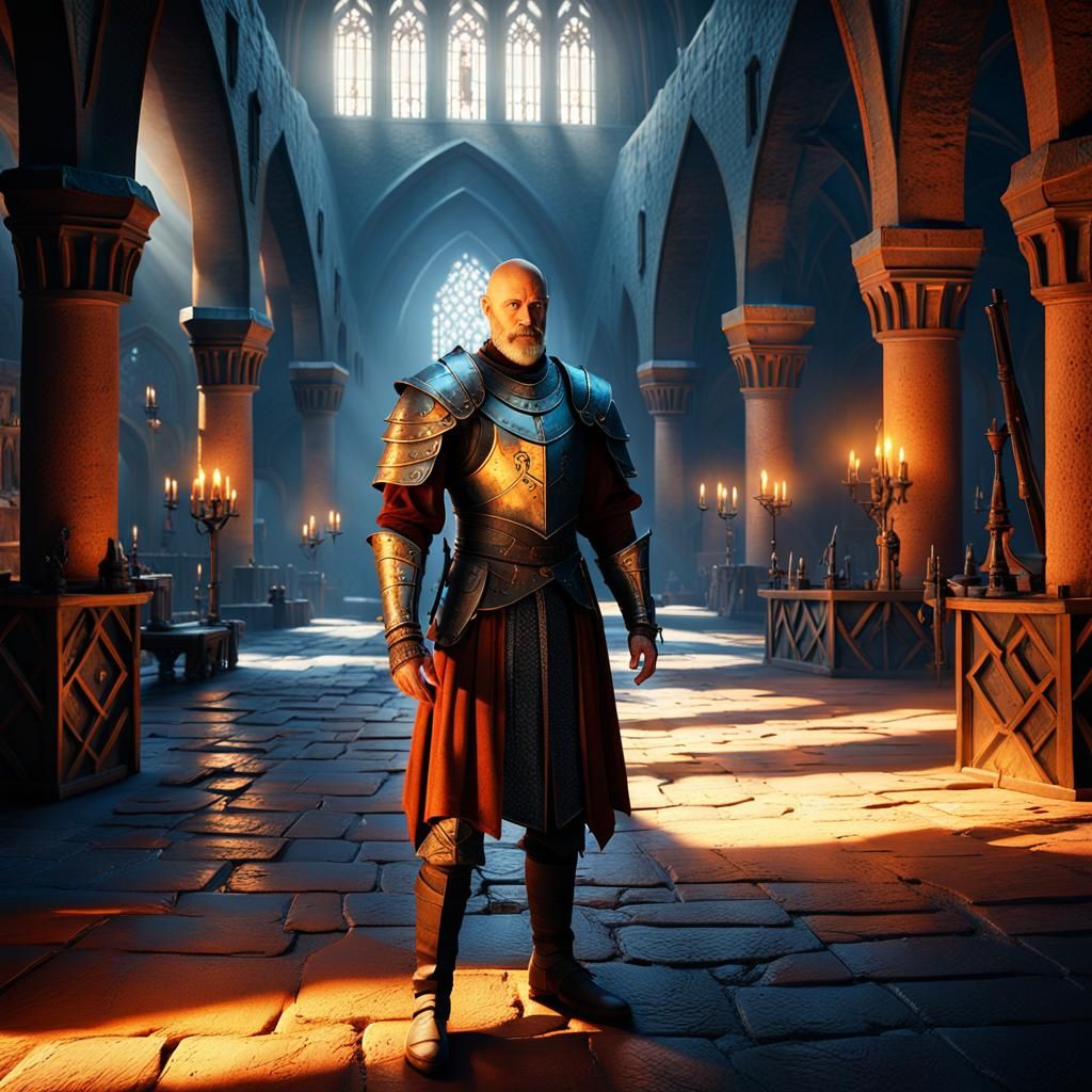 Heroic Bald Man in Medieval Fantasy Realm