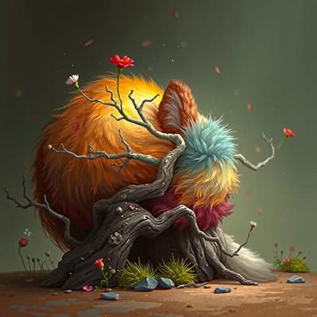 Surreal Whimsical Forest Guardian in Vibrant Triadic Harmony