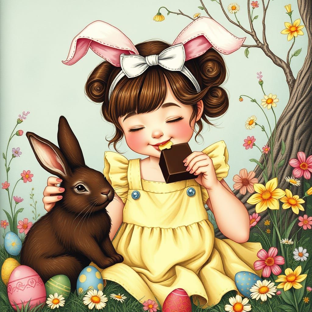 Girl in Whimsical Easter Wonderland with Bunny Ears and Choc...