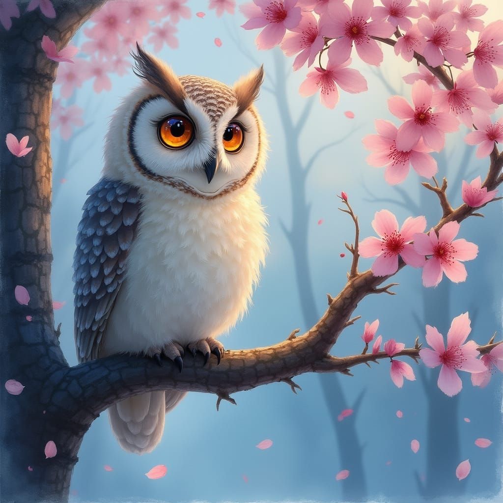 Whimsical Watercolor Owl in Cherry Blossom Bloom
