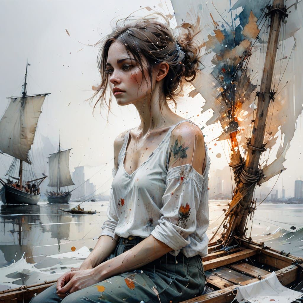 Mice Battle Storm on Raft in Watercolour Style