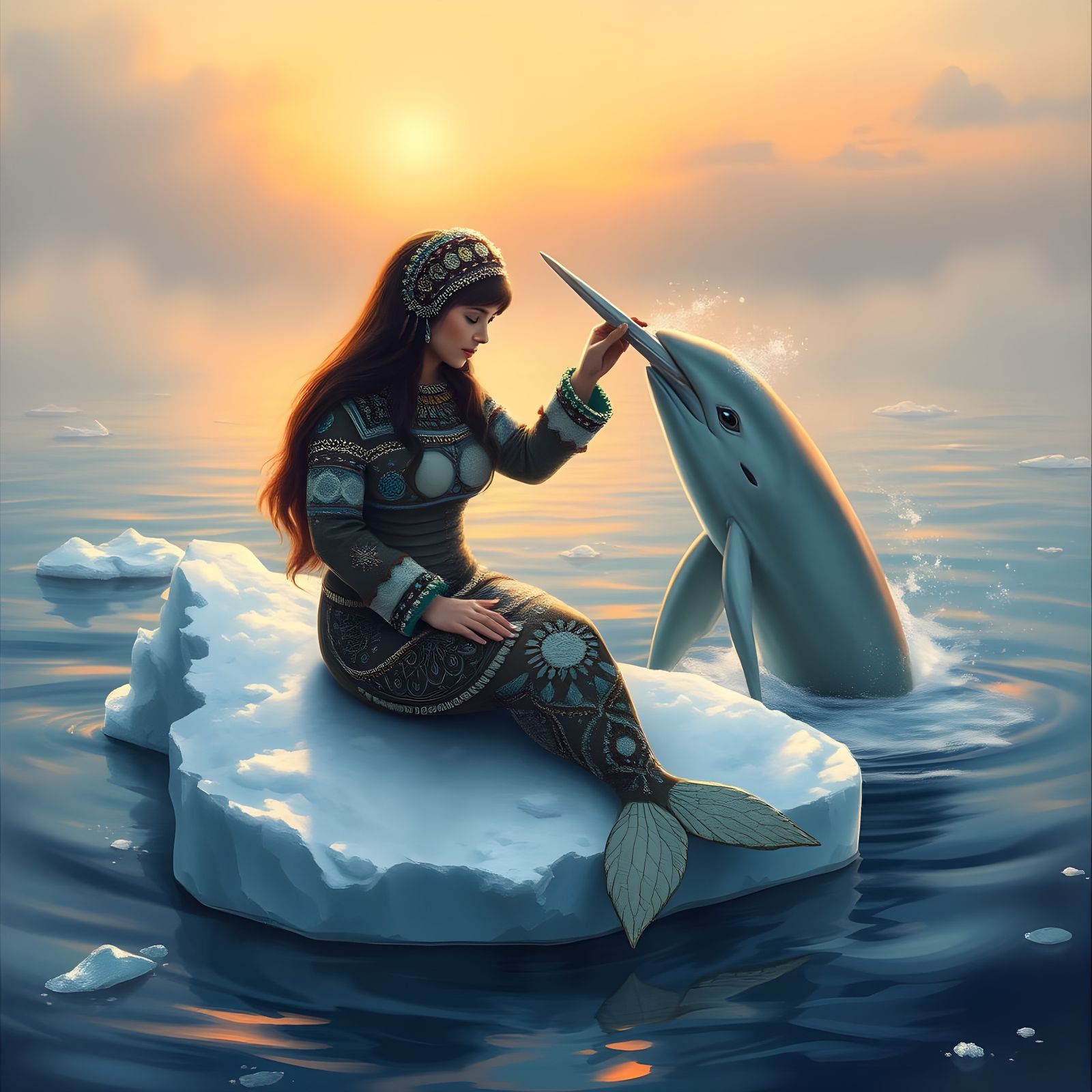 Ethereal Arctic Mermaid Scene in Whimsical Style