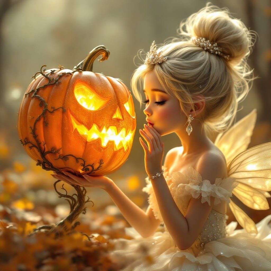 Pixie Girl with Crystal Pumpkin in Ethereal Style