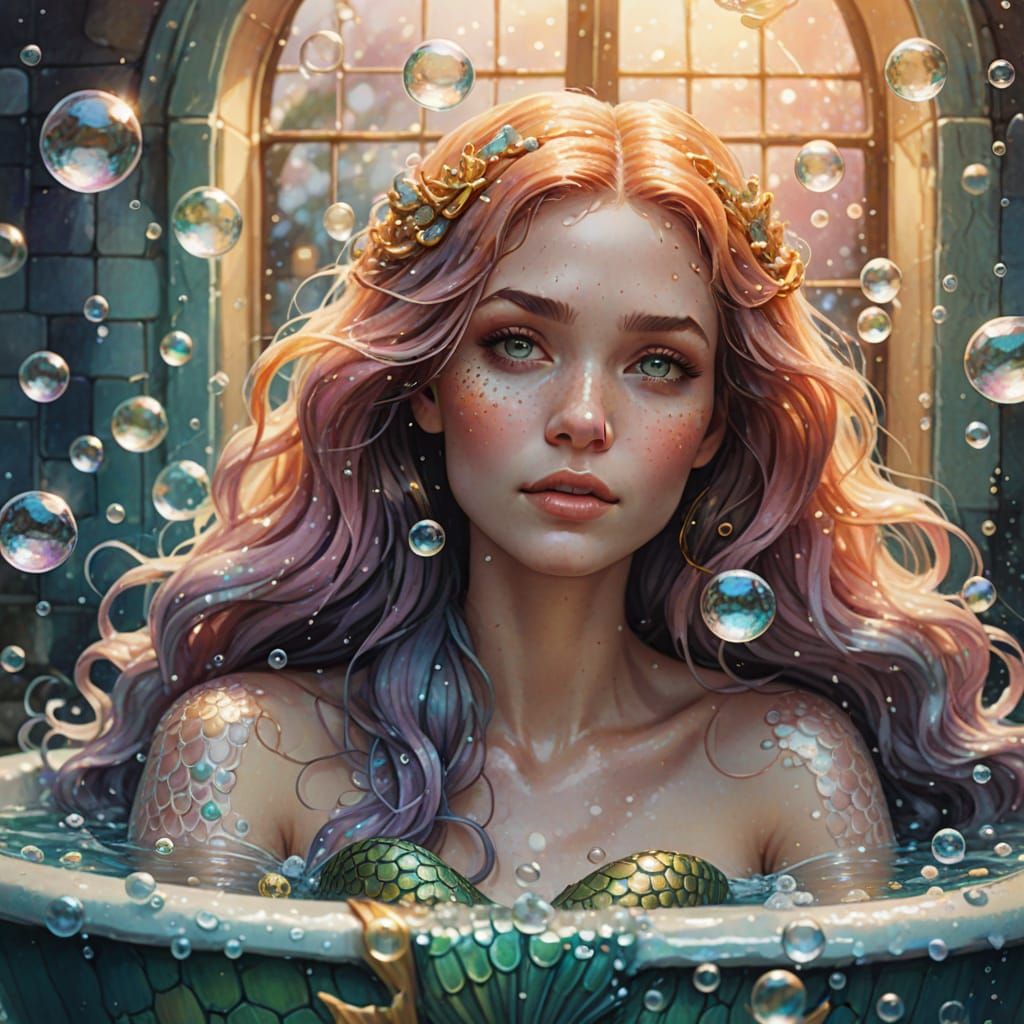 Dreamy Mermaid in Bathtub Watercolor Concept Art