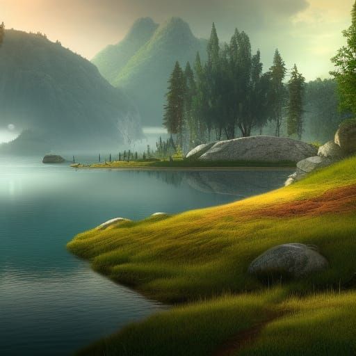 Rolling Green Hills and Lake in Detailed Matte Painting