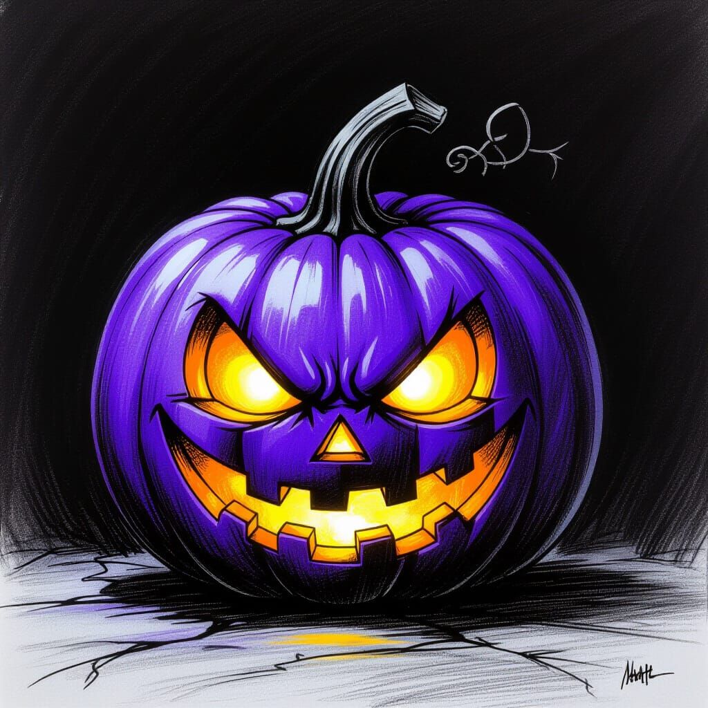 Cartoon Purple Jack-O-Lantern Charcoal Drawing