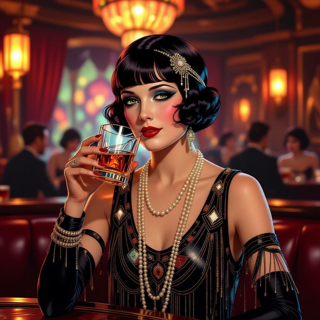1920s Flapper in Art Deco Speakeasy, Hyperrealistic