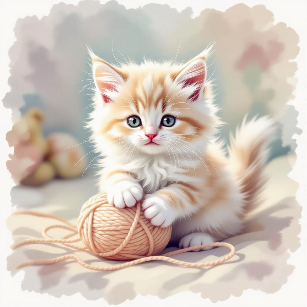 Cute Kitten Playing with Yarn as Digital Watercolor