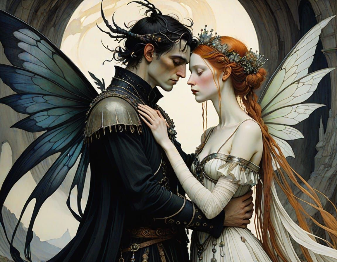 Ethereal Dark Fae Royal Couple Embracing in Magical Realism...