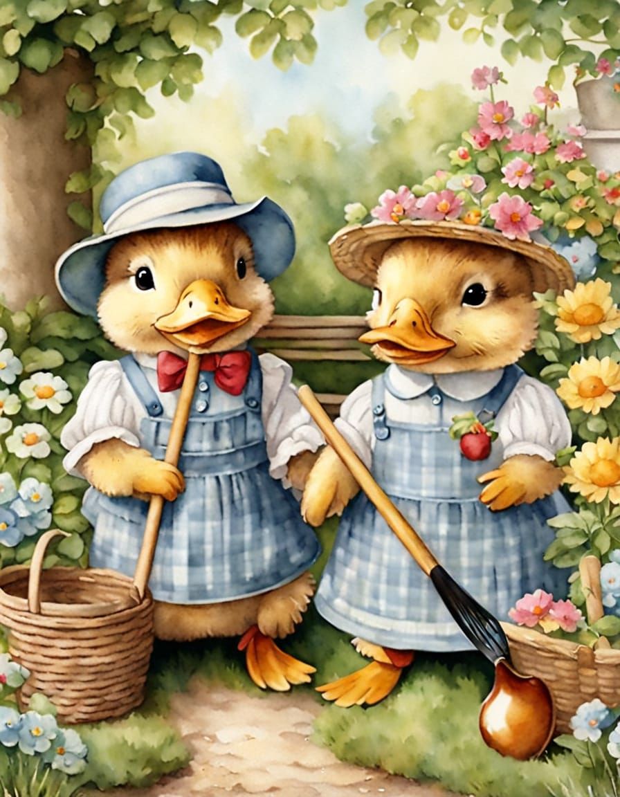 Ducks in Garden, Beatrix Potter Style Watercolor