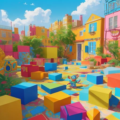 Playful Child with Blocks in Dreamlike Illustration