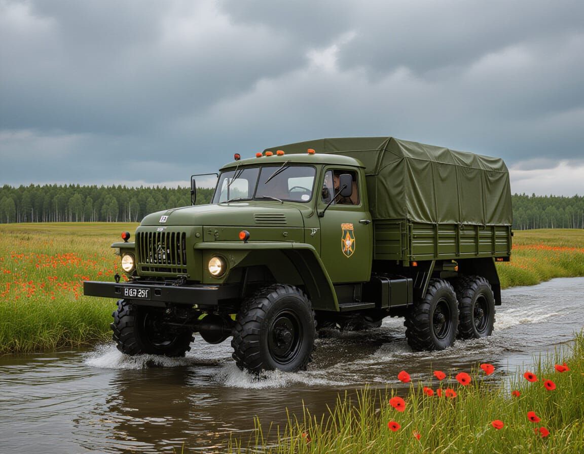 Vintage Soviet Ural 6x6 Truck Crossing River